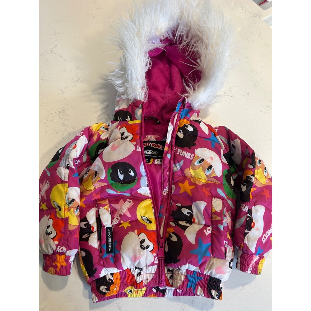 Members Only Looney Tunes Pink Puffer Jacket Faux‎ Fur Hood Kids 2T